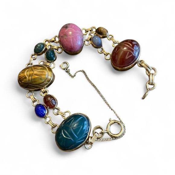 Egyptian Revival Vintage 12K GFCT Multistone Scarab Bracelet - Picture 1 of 10